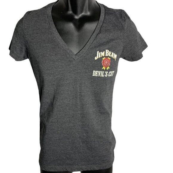 Womens Jim Beam Devils Cut Vneck Shirt Blouse Dk Gray Siz L Short Sleeve - Picture 1 of 5